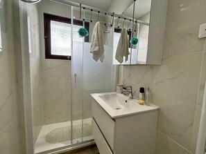 A modern bathroom with a glass shower enclosure, a white sink, and a mirror above the sink.