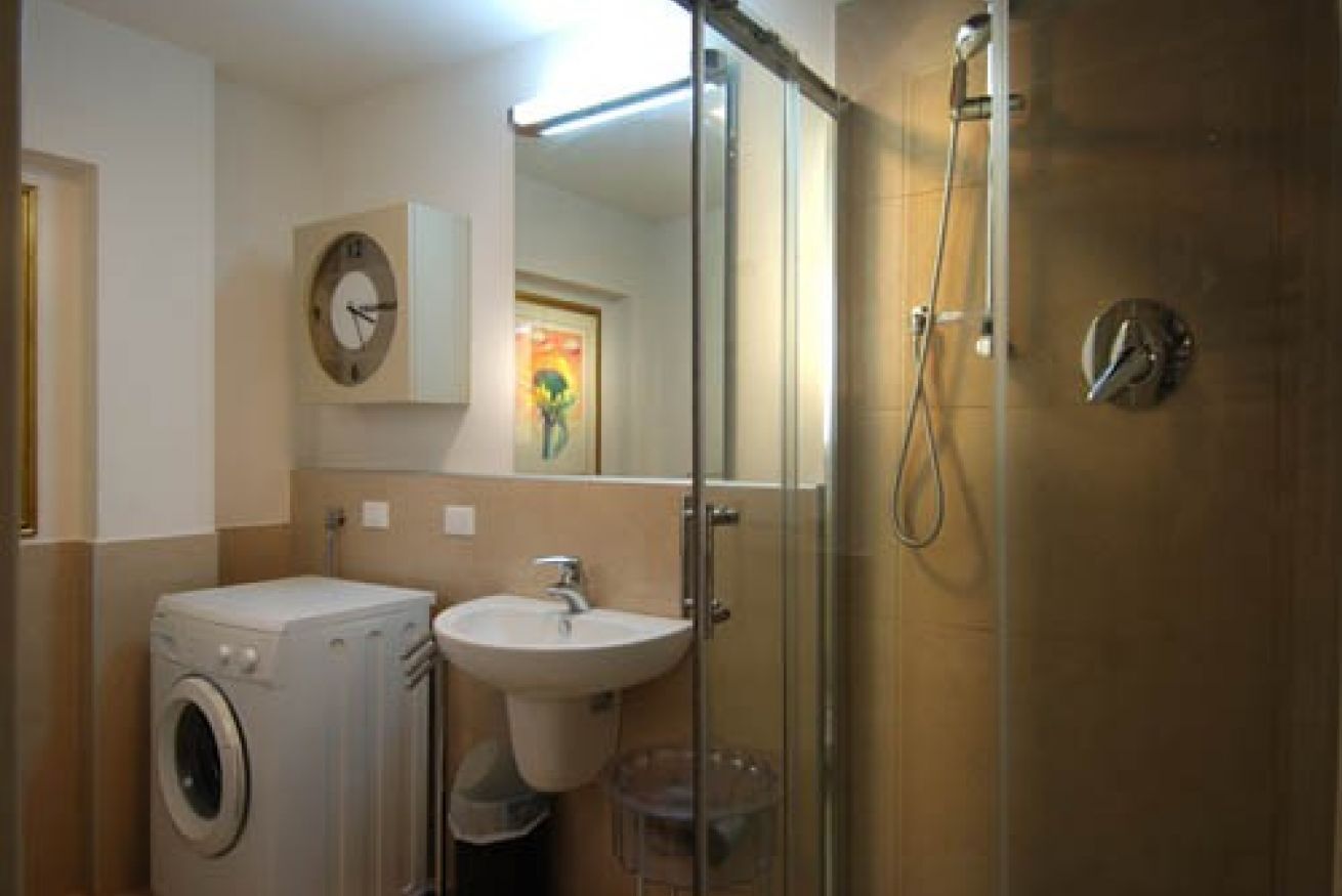 Une salle de bain équipée d’un lave-linge, d’un lavabo et d’une douche à paroi de verre.