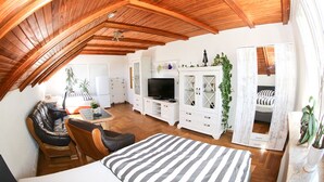 A cozy room with a sloped ceiling, a bed, a TV, a sofa, and a dining area. - Große Ferienwohnung Mitten im Grünen (Ziesendorf)