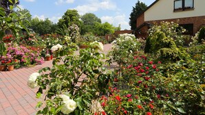 A garden with various flowers and plants, a brick pathway, and a building with a window and a door. - Große Ferienwohnung Mitten im Grünen (Ziesendorf)