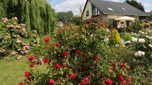 A house surrounded by lush gardens with various flowering plants. - Große Ferienwohnung Mitten im Grünen (Ziesendorf)