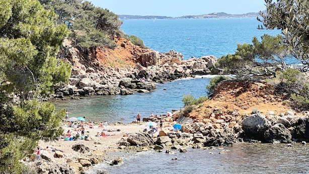 Eine felsige Küstenlandschaft mit klarem Wasser, Bäumen und Menschen am Strand.
