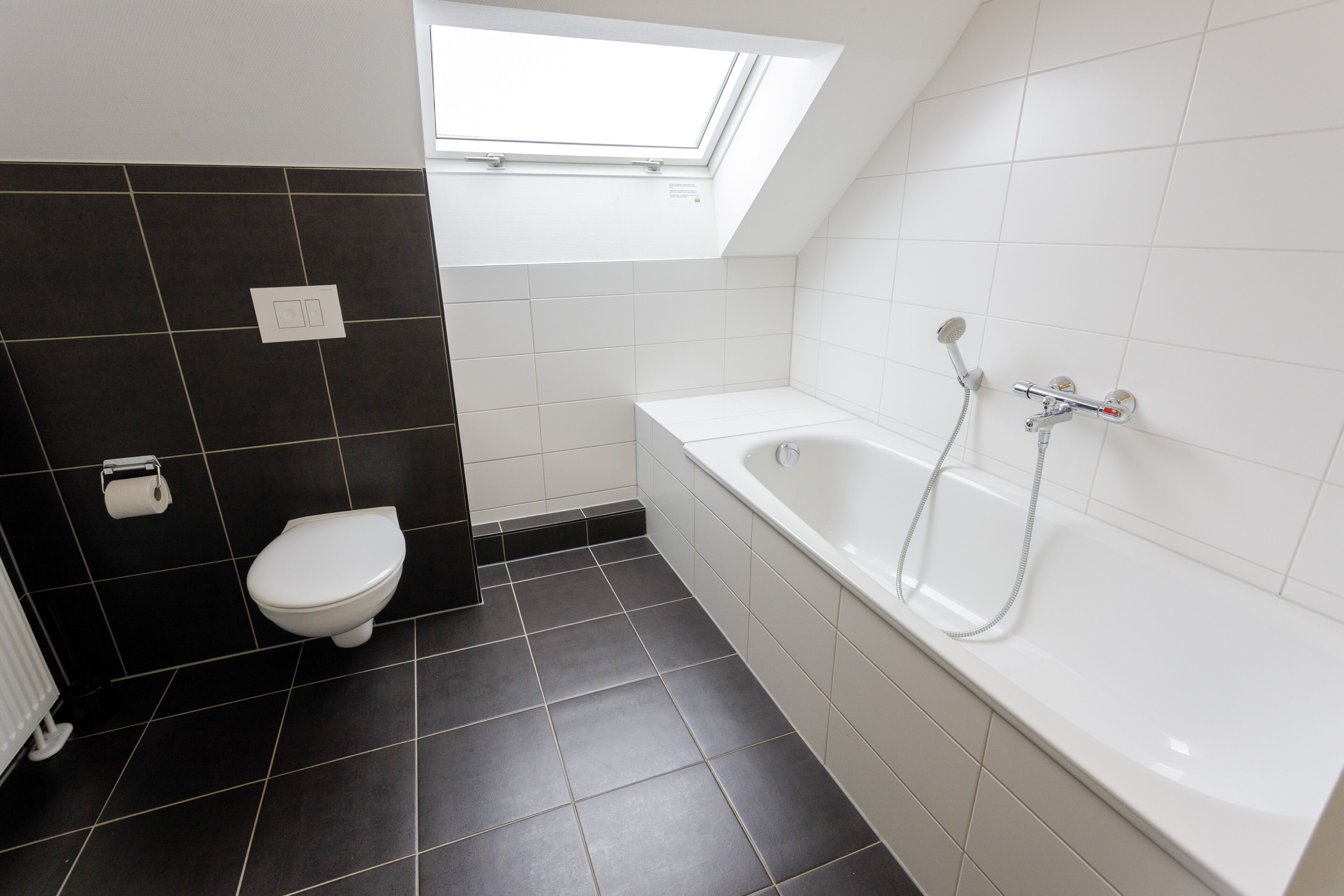 A modern bathroom with a skylight, a white bathtub, and a toilet.