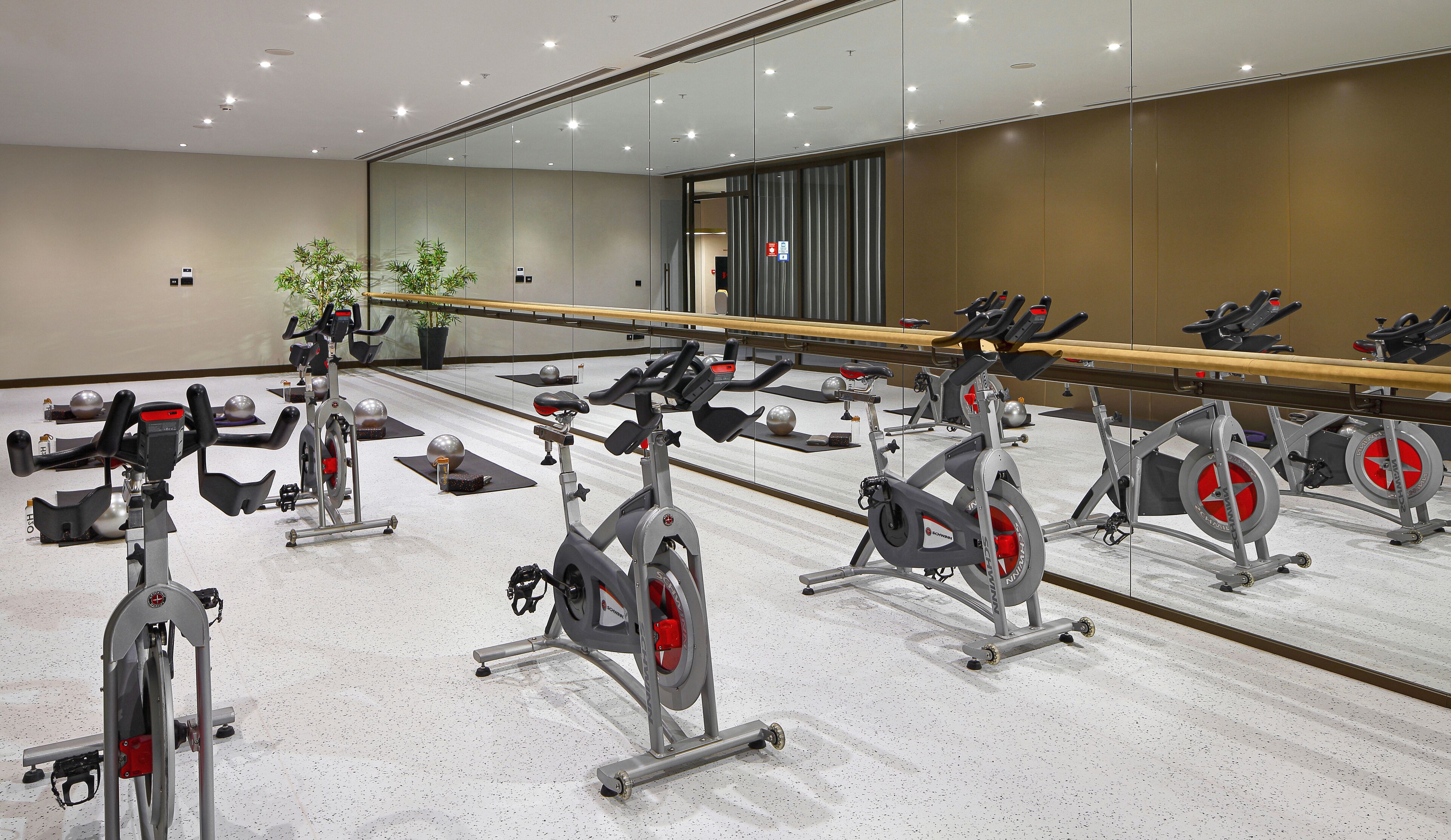 Una palestra con diverse cyclette e uno specchio a parete.
