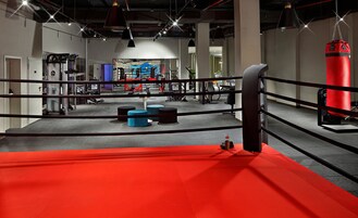 Un ring de boxeo con un tapete rojo, rodeado de equipo de gimnasio y un saco de boxeo.