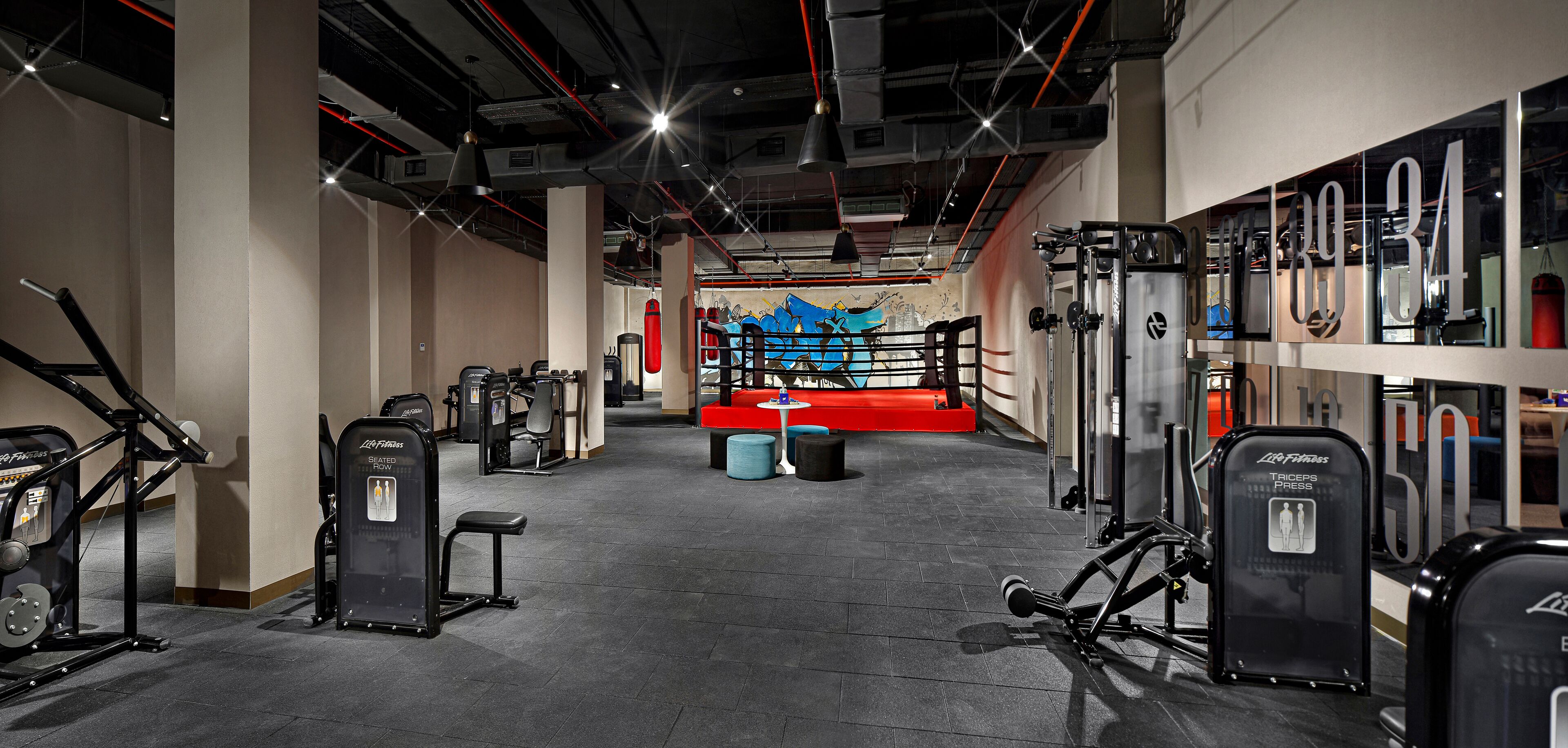 A gym with various exercise equipment, a boxing ring, and a red bench.