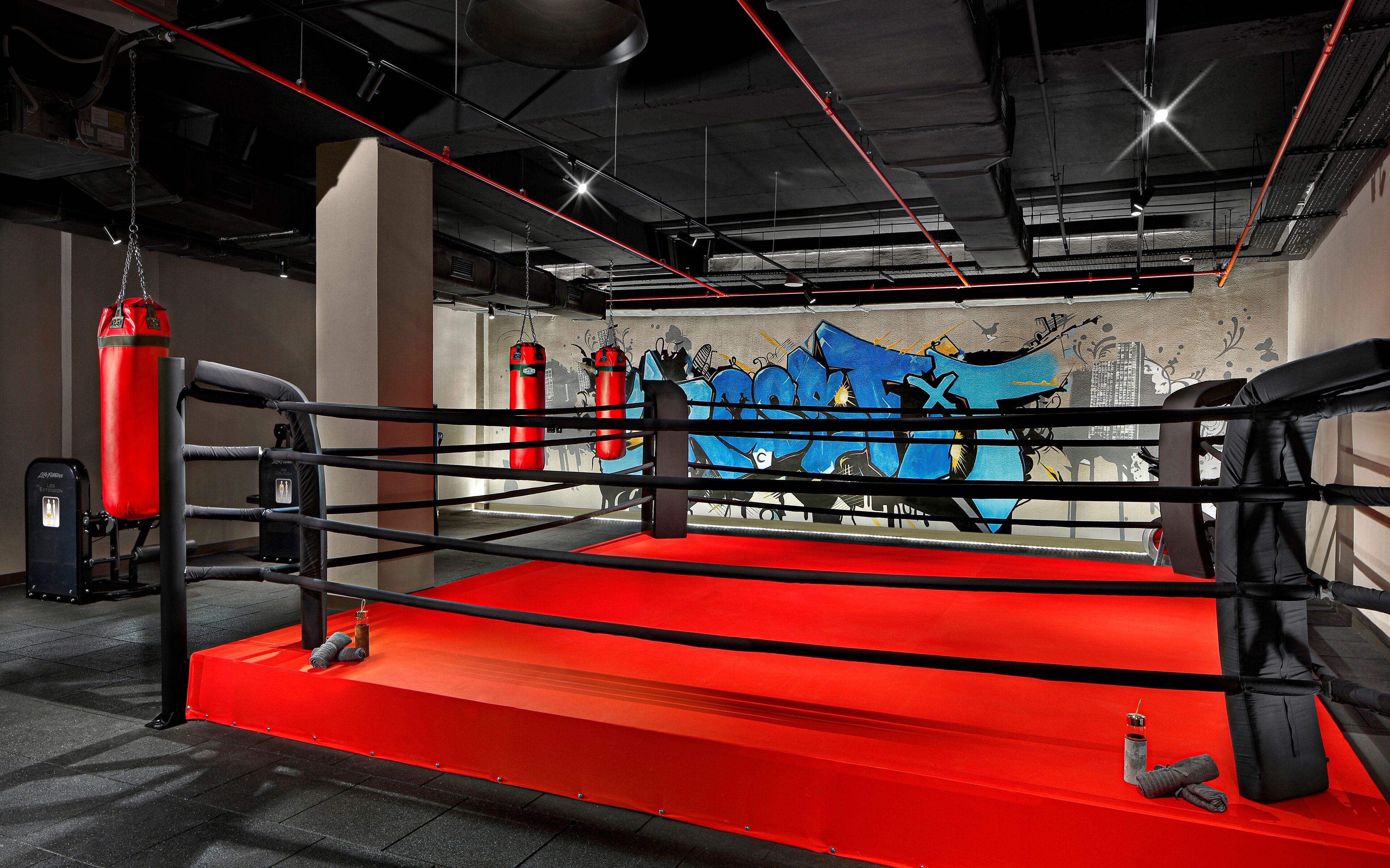 Un ring de boxe avec des cordes rembourrées de couleur rouge, un sac de frappe et un mur couvert de graffitis en arrière-plan.