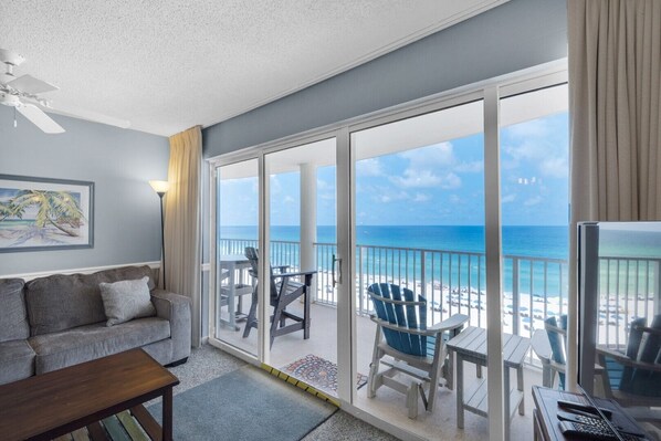 A balcony with a view of the beach and ocean. - Tower 2, 1 bedroom!!! FREE BEACH CHAIRS!!! (Panama City Beach)