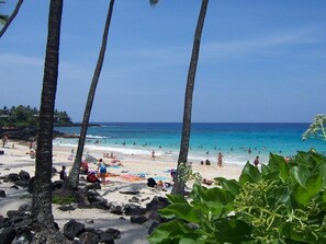 A beach with palm trees, clear blue water, and people sunbathing.
