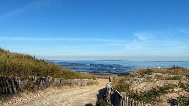 Ein sandiger Weg führt zum Strand, begleitet von einem Holzzaun, und darüber strahlt ein klarer, blauer Himmel.