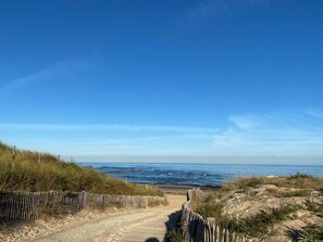 A sandy path leading to the beach with a wooden fence on one side and a clear blue sky above.