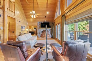 Smart TV, chimenea y libros 