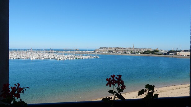 A marina with numerous boats, a sandy beach, and a clear blue sky. - Appartement - 35 m2 (Saint-Malo)