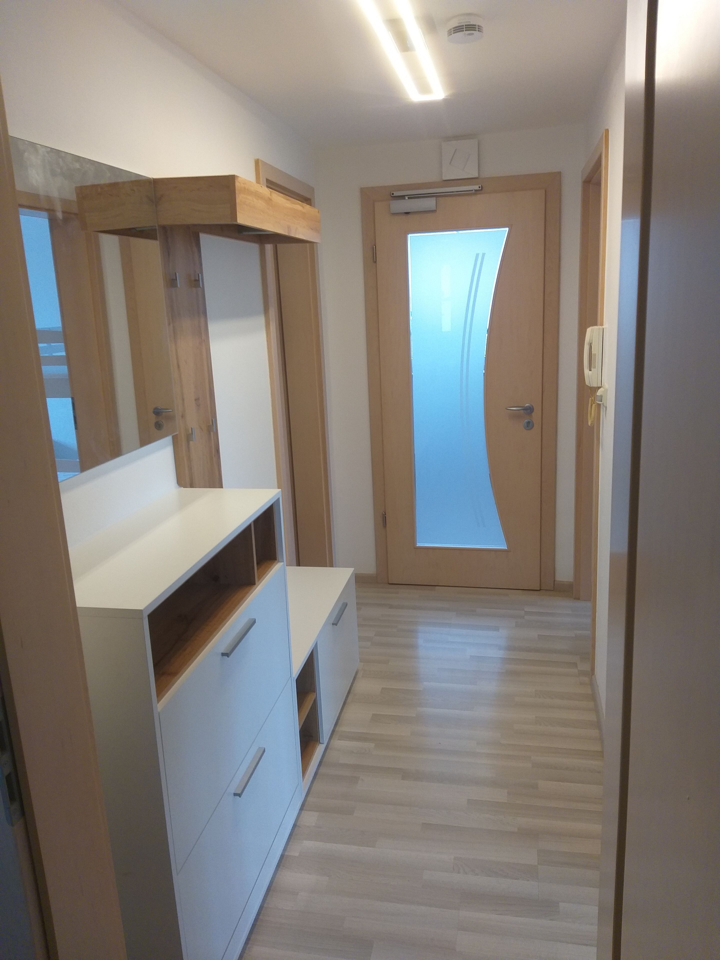 Un pasillo con un armario de madera, un mueble blanco y una puerta con cristal esmerilado.