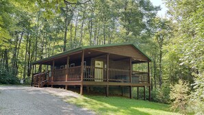 Eine Holzhütte mit Veranda und Kiesweg, umgeben von dichtem Wald.