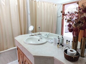 Bañera con ducha, secador de pelo, bidet, toallas