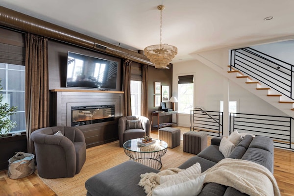 TV connectée, cheminée, livres, chaîne hi-fi