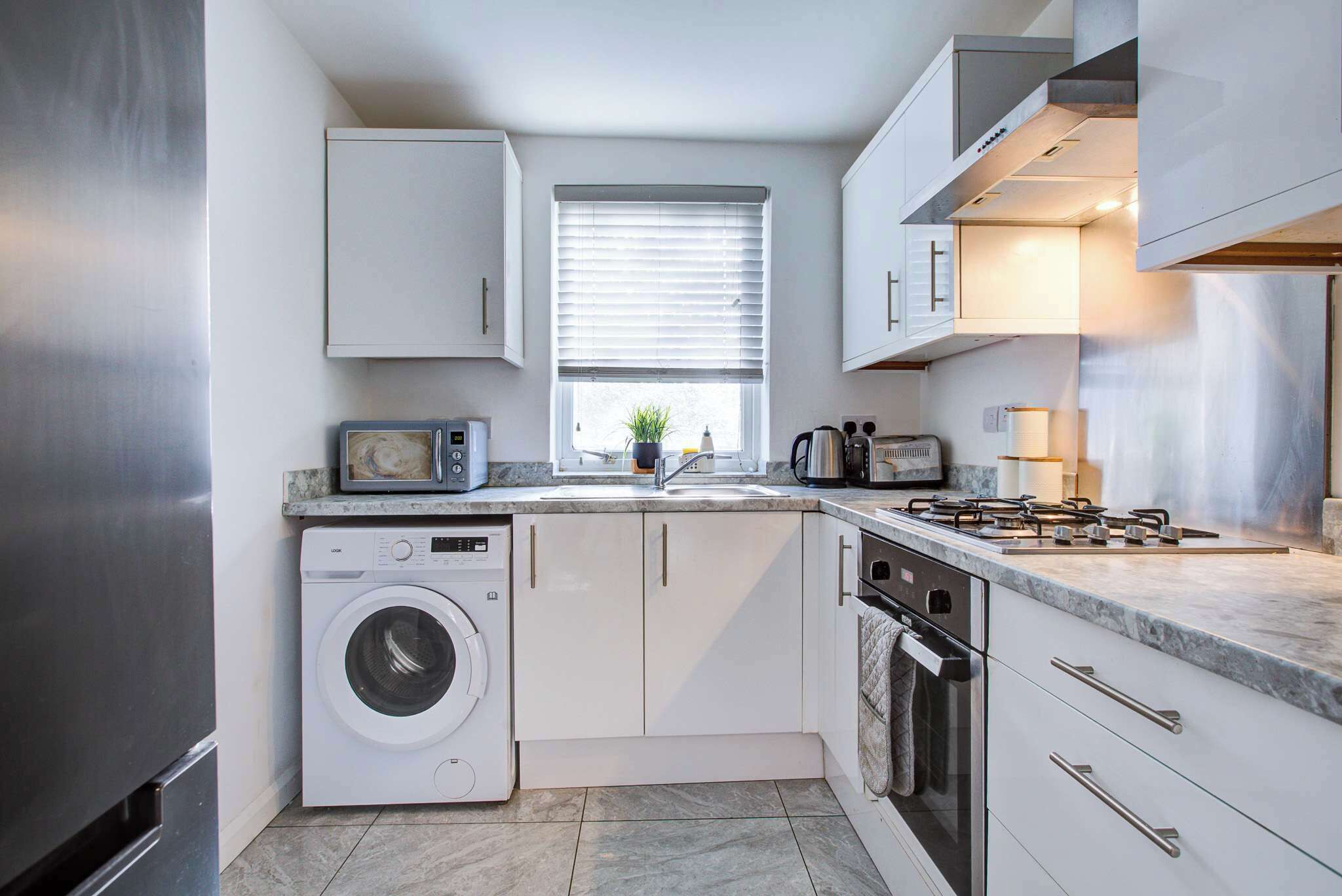 Fridge, microwave, oven, electric kettle