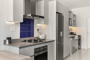 Fridge, microwave, oven, stovetop