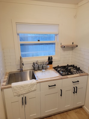 Fridge, microwave, stovetop, coffee/tea maker