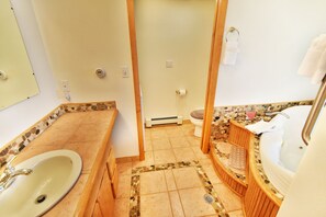 Bathroom features a large sink, toilet with privacy partition, and bathtub with surround.