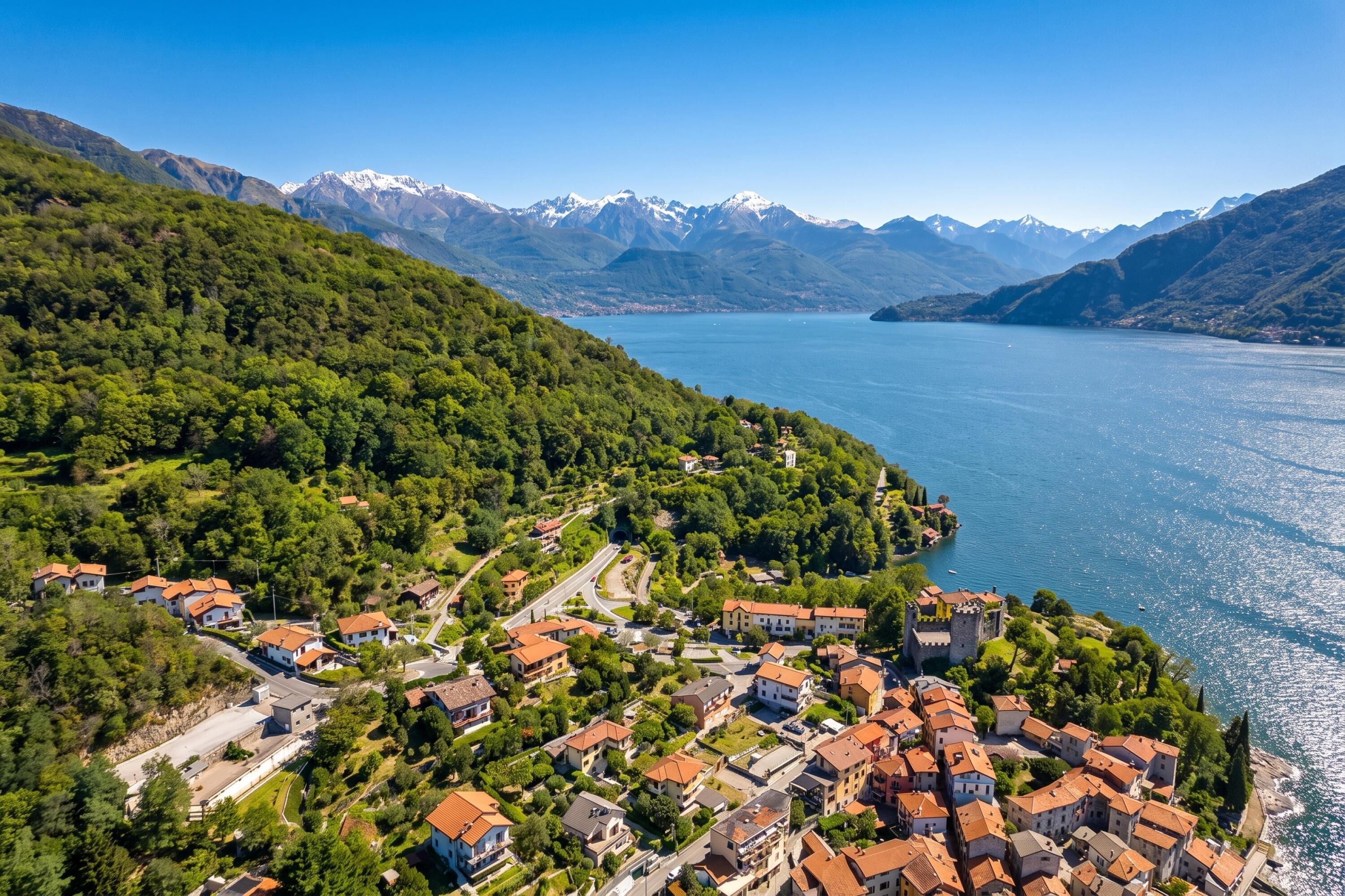 A lakeside village with houses, a castle, and mountains in the background.