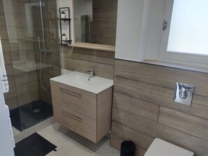 Dusche, Haartrockner, Handtücher, Seife