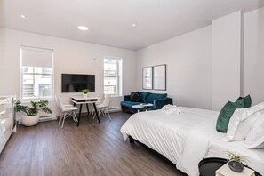 1 bedroom, desk, iron/ironing board, travel cot