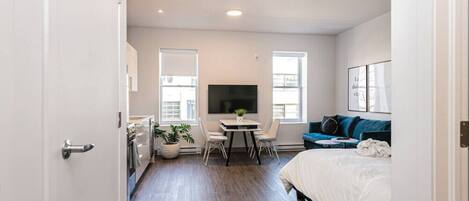 1 bedroom, desk, iron/ironing board, travel cot