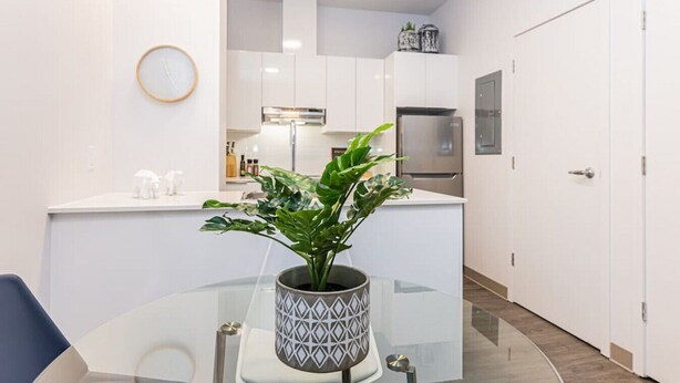 Una cocina moderna con gabinetes blancos, horno integrado y refrigerador. Hay un comedor con una mesa de vidrio y una planta en maceta.