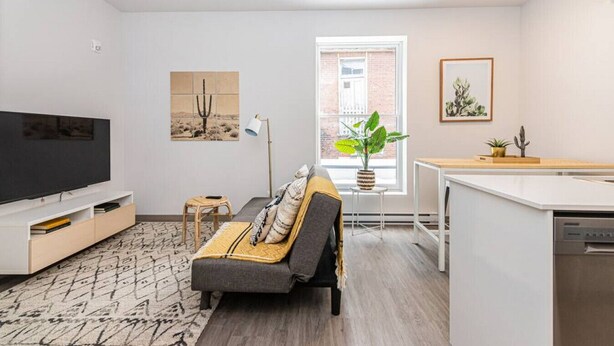 Una sala de estar moderna con un televisor de pantalla plana, un sofá, una mesa de centro y un comedor con una pequeña planta.