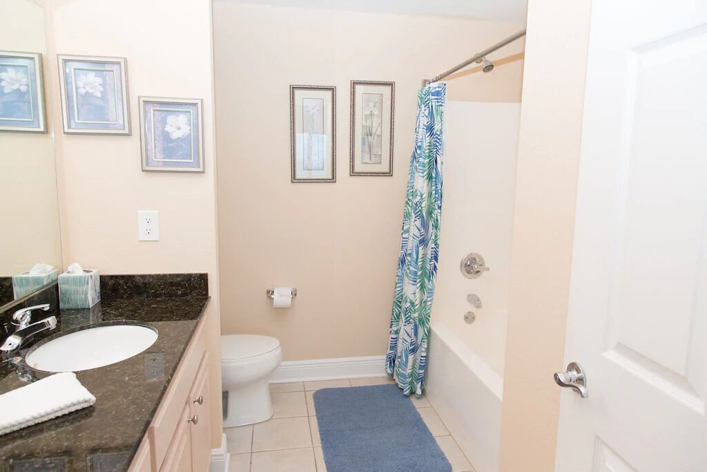 A bathroom with a sink, toilet, and shower curtain.