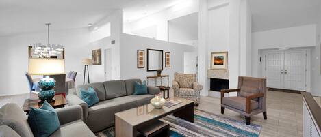 Smart TV, chimenea, oficina y impresora