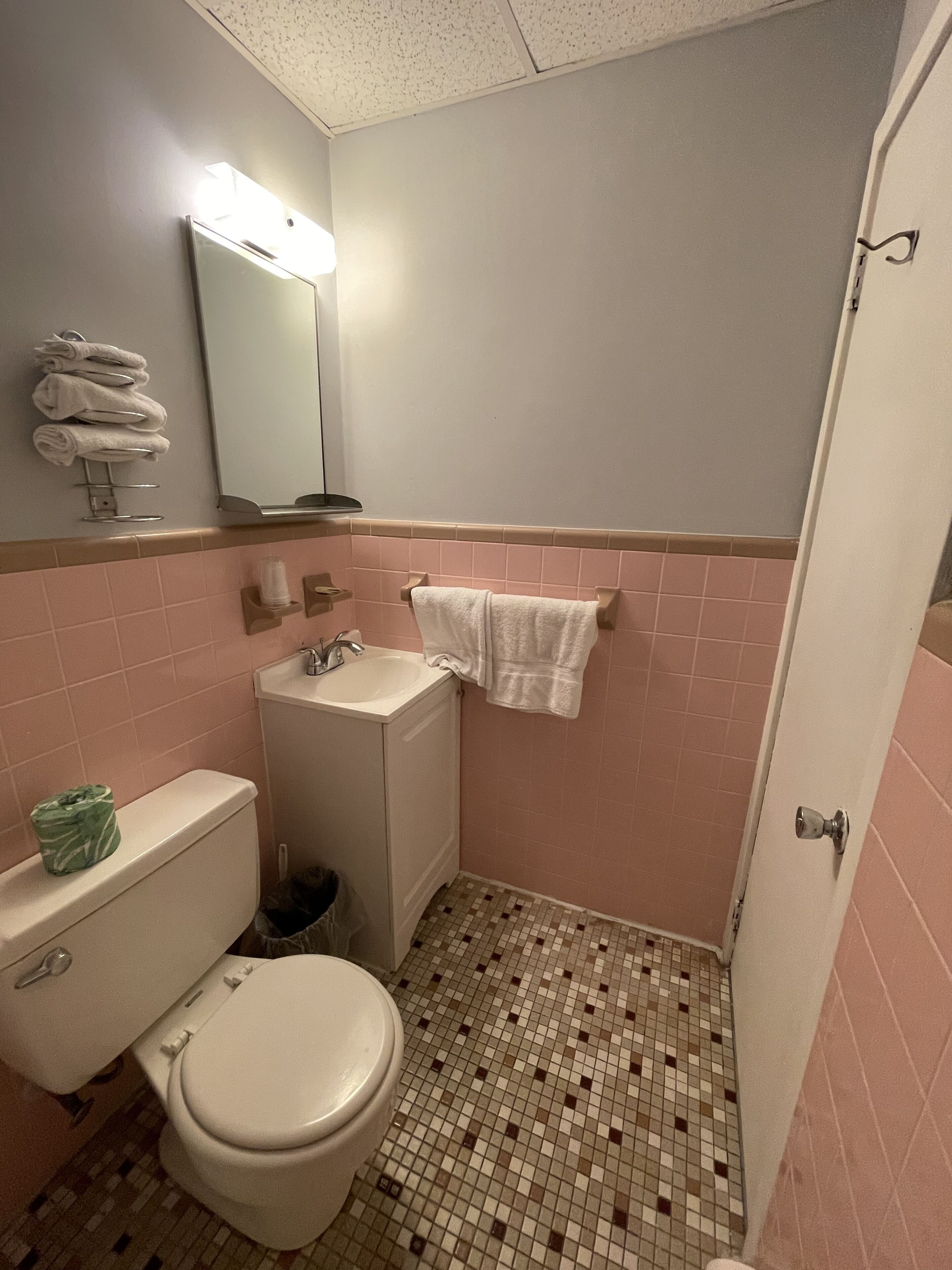 A small bathroom with a toilet, sink, and mirror. There are towels hanging on the wall and a trash can.