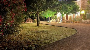 A well-lit outdoor area with a paved path, a small tree, and a building with outdoor seating. - Farm house, 5 miles from Avignon! Vineyard (Jonquerettes)