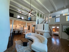 Smart TV, fireplace, books, printers