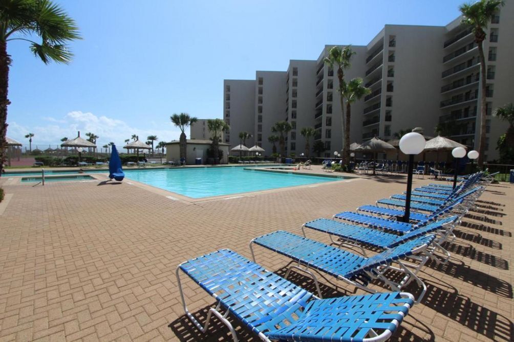 A poolside area with lounge chairs and umbrellas, a clear sky, and a building in the background.