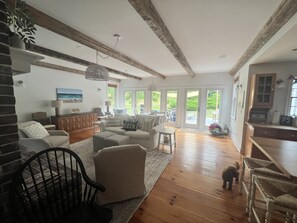 Televisio, DVD-soitin, pöytätennispöytä, videokirjasto