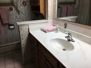 Bathtub, hair dryer, towels, soap