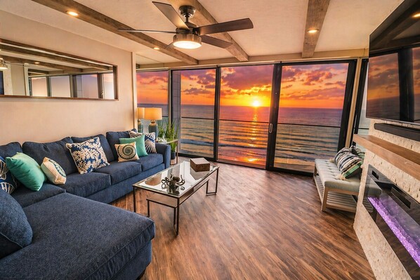 Smart TV, fireplace, books