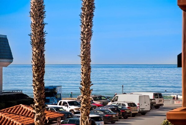 Un estacionamiento con vehículos y palmeras en primer plano, con vista a una masa de agua.