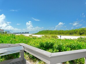 A beach with a wooden walkway, dense green vegetation, and a clear blue sky. - Beachfront Condo With two Balconies, Pool and Tennis (Marco Island)