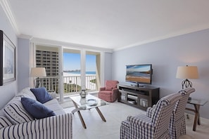 Condo, Multiple Beds (South Seas Tower 4-909) | Living room - Beachfront Condo With Views, Pool and Tennis Courts (Marco Island)