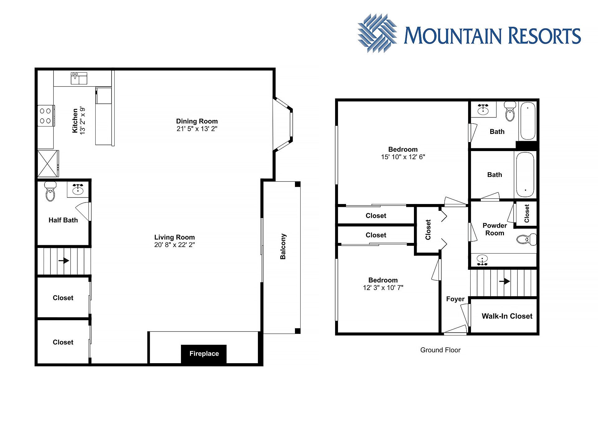 A hotel layout with a dining room, kitchen, half bath, living room, and fireplace.