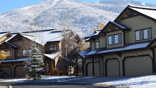 A residential area with houses featuring gabled roofs and a mountain in the background.
