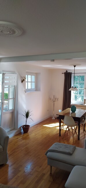A spacious living room with wooden flooring, a dining table with chairs, a potted plant, and a decorative ceiling medallion.