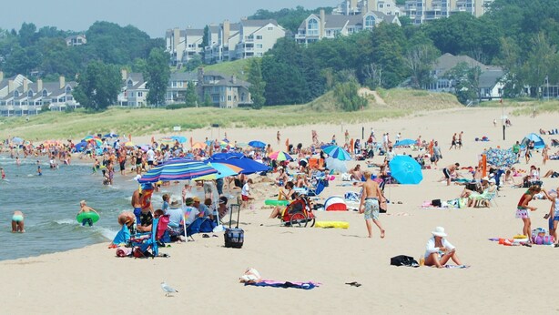 A crowded beach with people sunbathing and swimming, umbrellas, and beach chairs. - Charming Home In Quiet Location Near Downtown Holland! (Holland)