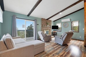 TV, fireplace, video library