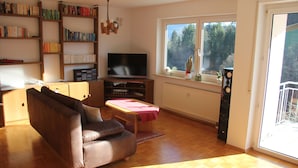 A living room with a brown leather sofa, a flat-screen TV, a bookshelf, and a window with a view of trees. - Baiersbronn, Black Forest, Schwarzwald, view, 2 rooms, sun, balcony, quietness (Baiersbronn)