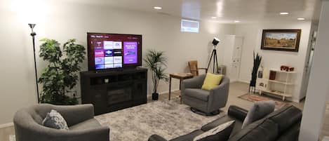 Smart TV, fireplace, books